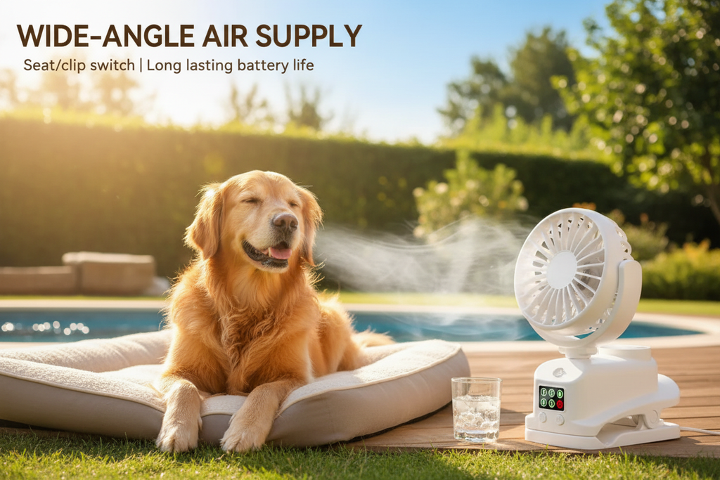 Dog enjoying clip-on fan on a hot summer day