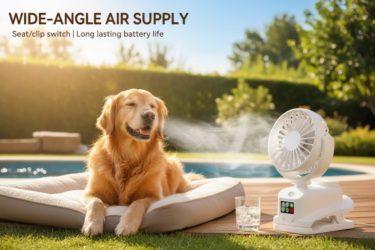 Dog enjoying clip-on fan on a hot summer day