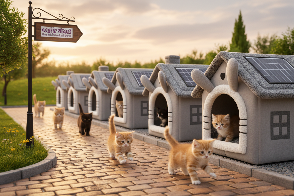 Kittens playing down Wuffy Street with pet house products